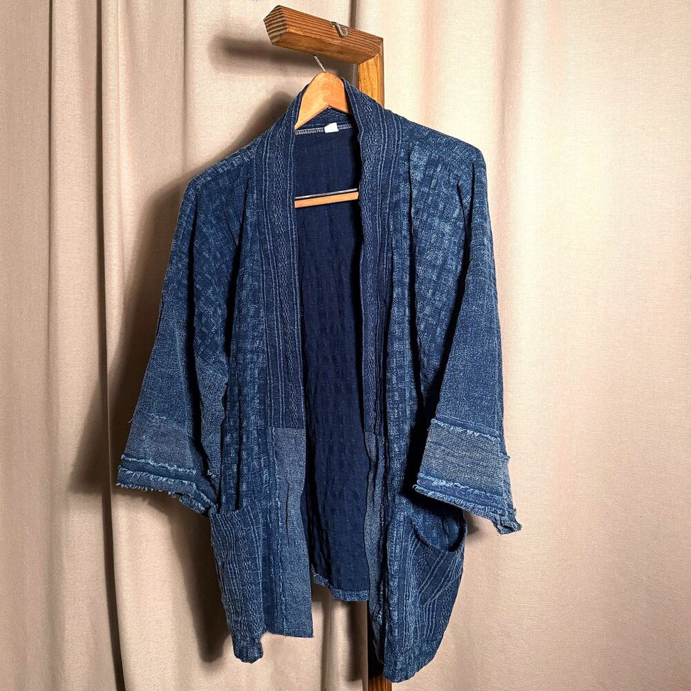 Indigo Cotton Denim Kimono Jacket Shirt, Open Front, Slub Weave
